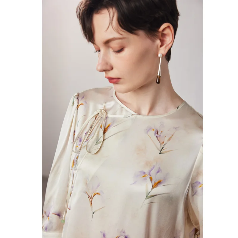 

New Chinese Sle Silk Dr Women's Spring Summer Fre Silk Loose Waist True Silk Fabric Summer Seasonal Mid-aged