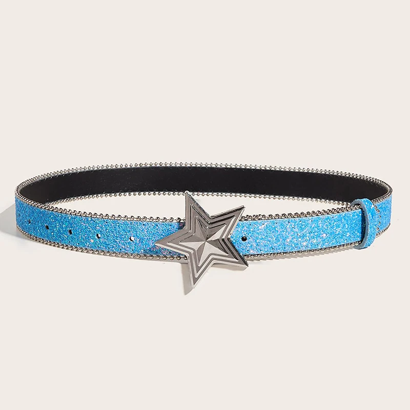 Women\'s Star Buckle Belt Y2k Luxury Bling Sequin Punk Metal Buckle Waist Strap Fashion Shiny PU Leather Waistband Jeans Belt