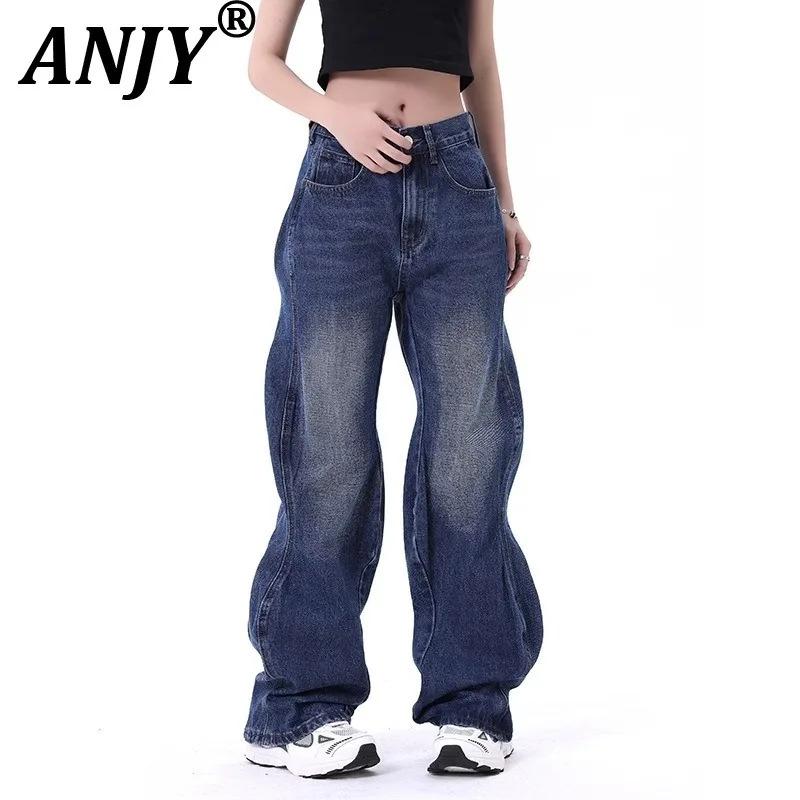 

ANJY Autumn New Women American Retro Trendy Jeans Wave-shaped Design Washed Vintage High Street Elegant Casual Denim Pants A9302