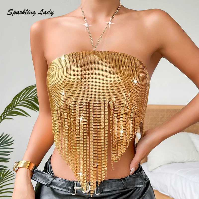 Metallic Mesh Macrame Party Crop Tops Shiny Gold Glitter Top Sexy Backless Halter Music Festival Nightclub Chainmail Clothing