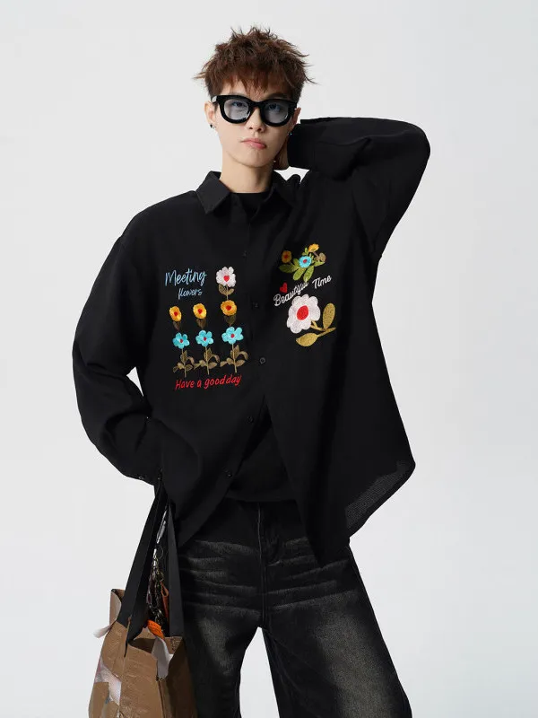 

TANGZ Studio American Floral Embroidery Long Sve irt Loose Fit ex Spring Autumn Cotton Polyester Blend Casual irt