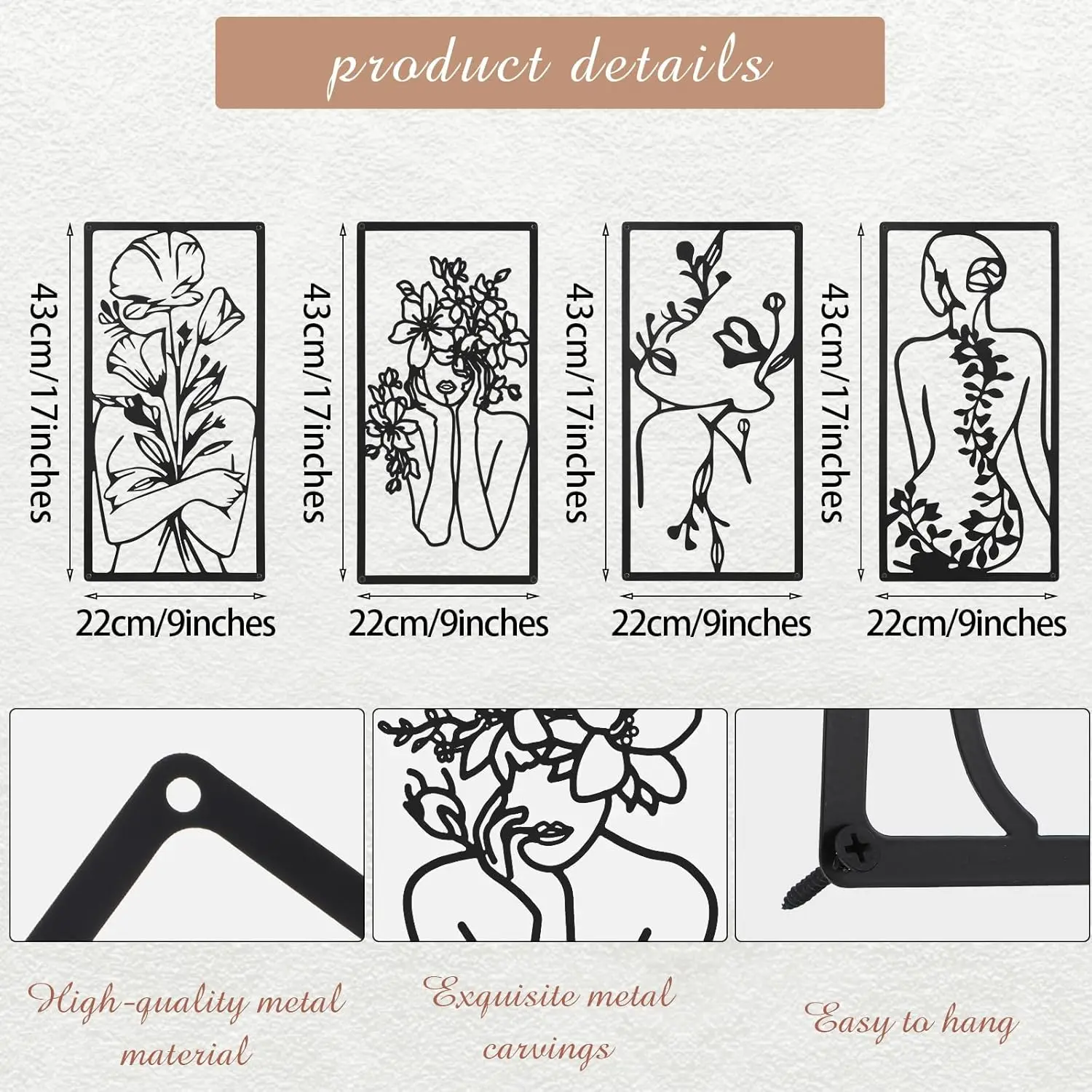 4 ชิ้นโลหะตกแต่งผนัง Minimalist บทคัดย่อผู้หญิง Wall Art Line วาดเส้นโลหะ art แขวนตกแต่งบ้าน