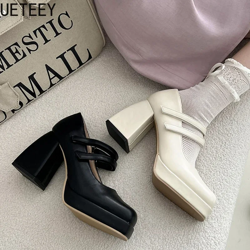 Designer 9cm Thick Heel Women Mary Jane Shoes Fashion Square Toe Shoes Ladies Elegant Platform Wedges High Heels Shoes