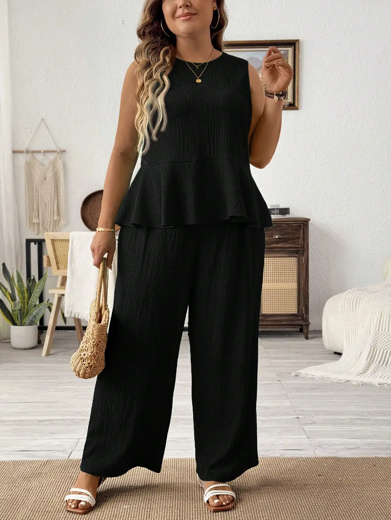 

Plus Size Solid Color Casual Two Piece Set Vest And Wide Leg Pants For Apple Rounded Body Summer