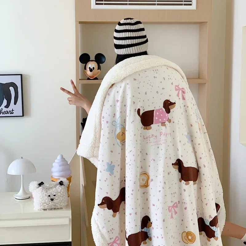 Lamb Nap Cartoon Printed Blanket for Winter Cute Coral Milk Velvet Thick Sofa Shawl Super Soft Air Conditioner Quilt for Office