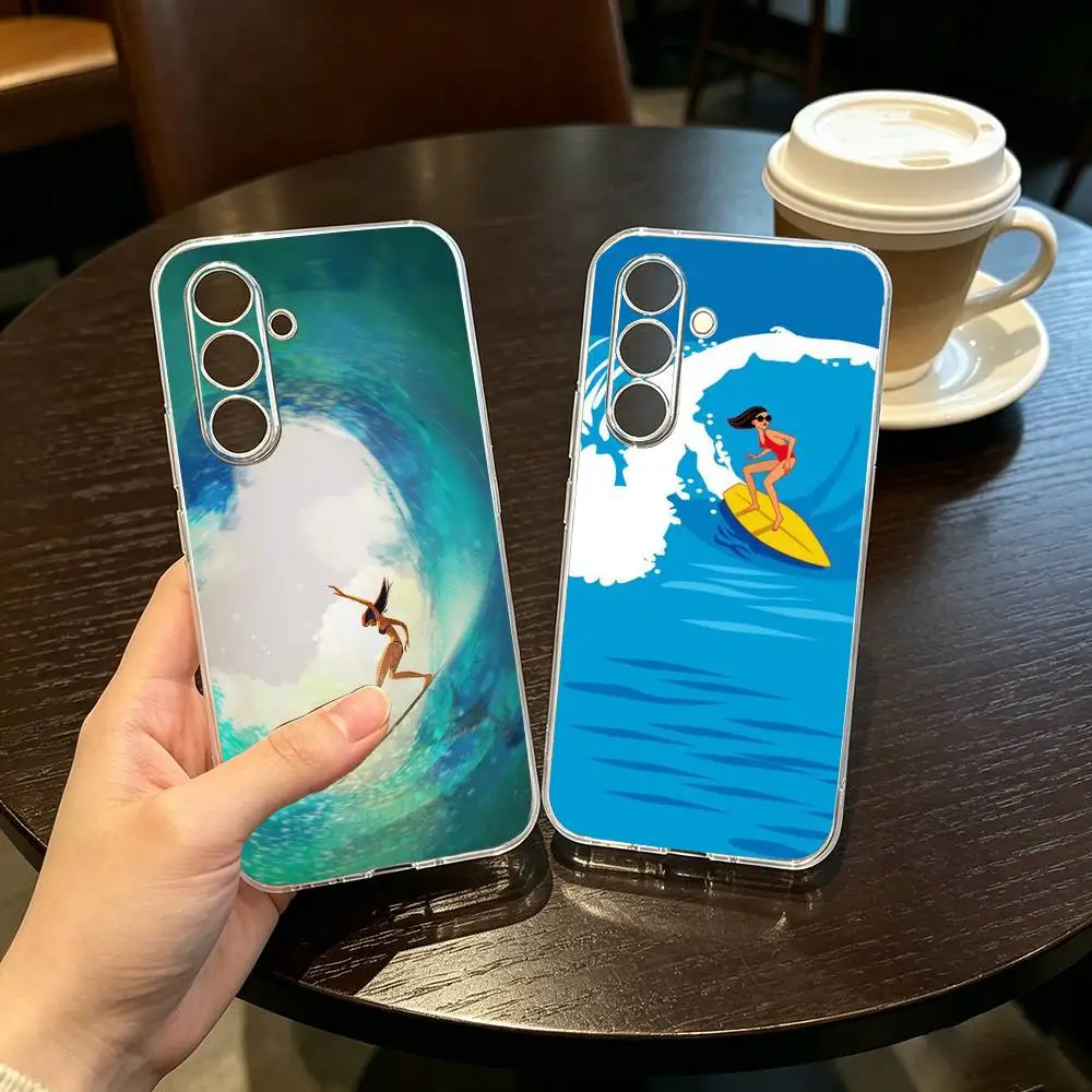 s-Surfboard Surfing Art Surf Girl Phone Case Transparent Silicone Soft For SamsungA10,12,20,21S,30,31,40,50,51,52,70,71