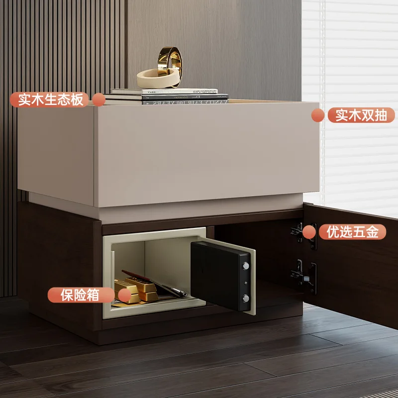 Italian Minimalist Solid Wood Bedside Table, Safe Deposit Box, Integrated Locker, Light Luxury and High-end Feeling