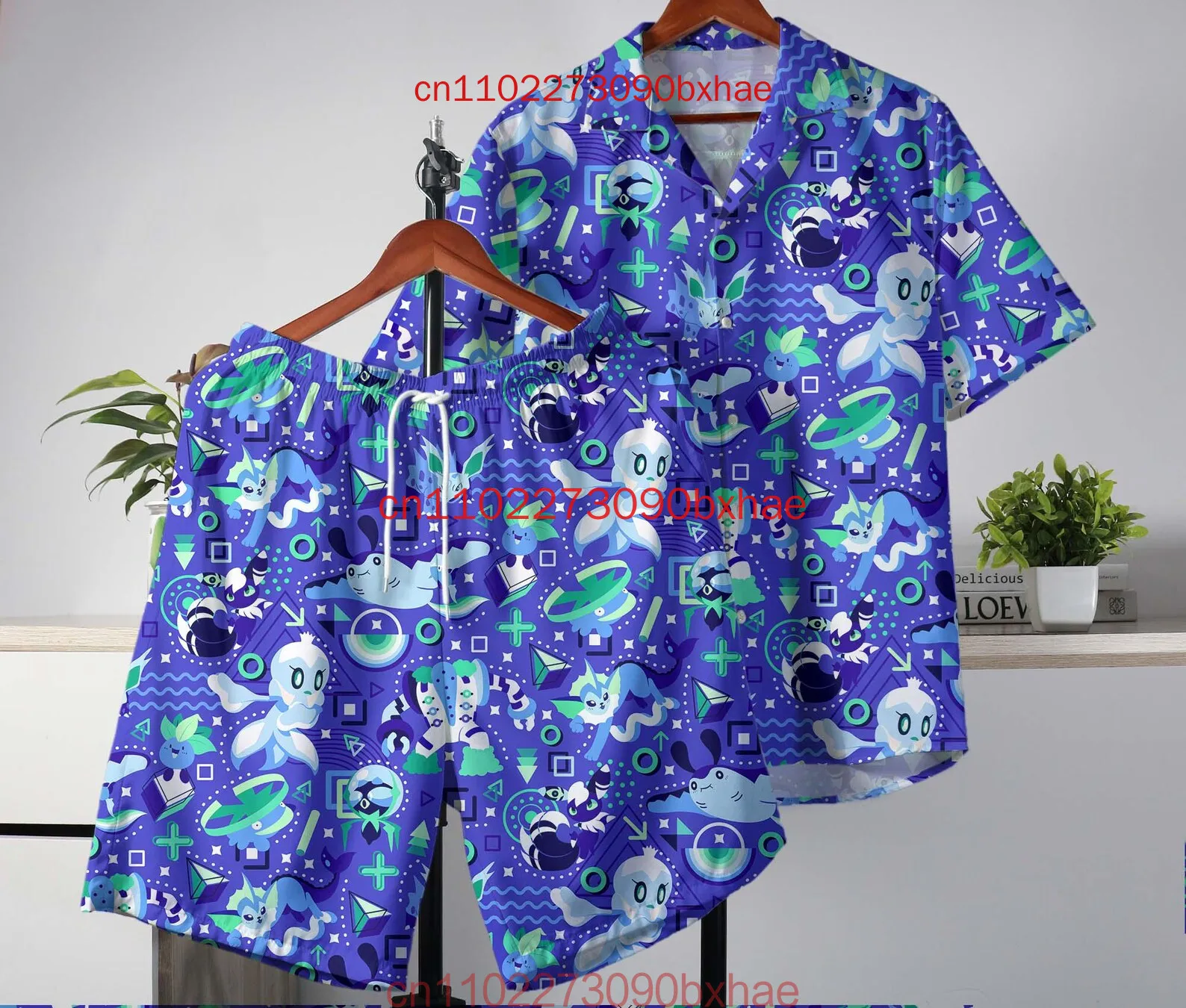 pachirisu-アロハシャツポケモンおかしいトロピカルボタンアップシャツとショーツセット-3d-プリントメンズレトロファッションビーチシャツ