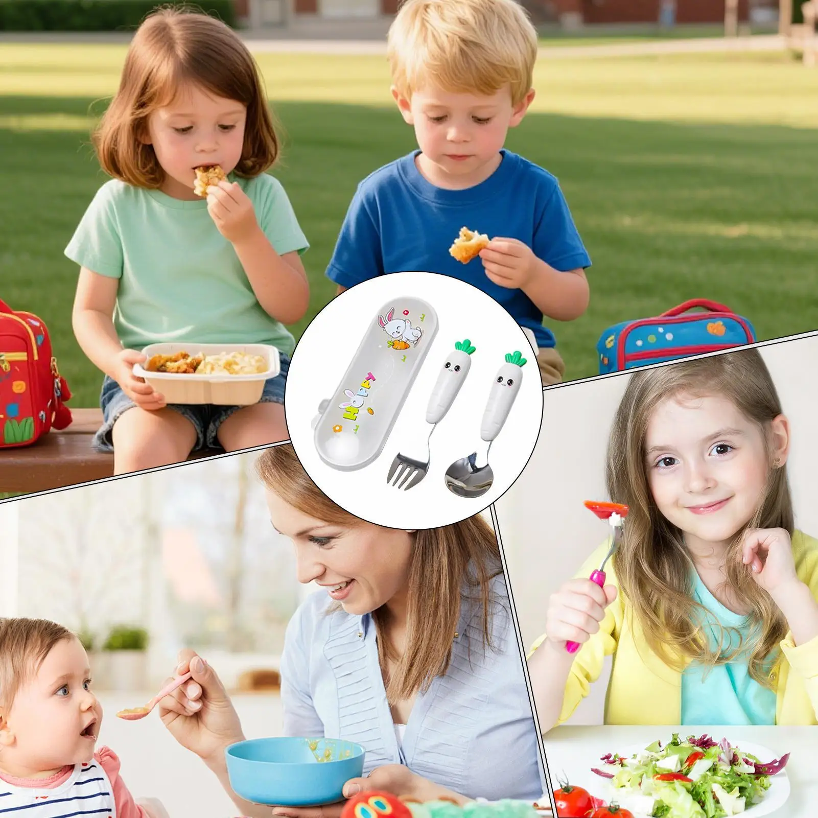 Set di utensili per bambini Kit di posate per bambini in acciaio inossidabile con custodia Set di stoviglie per alimentazione comprese forchetta e cucchiaio per