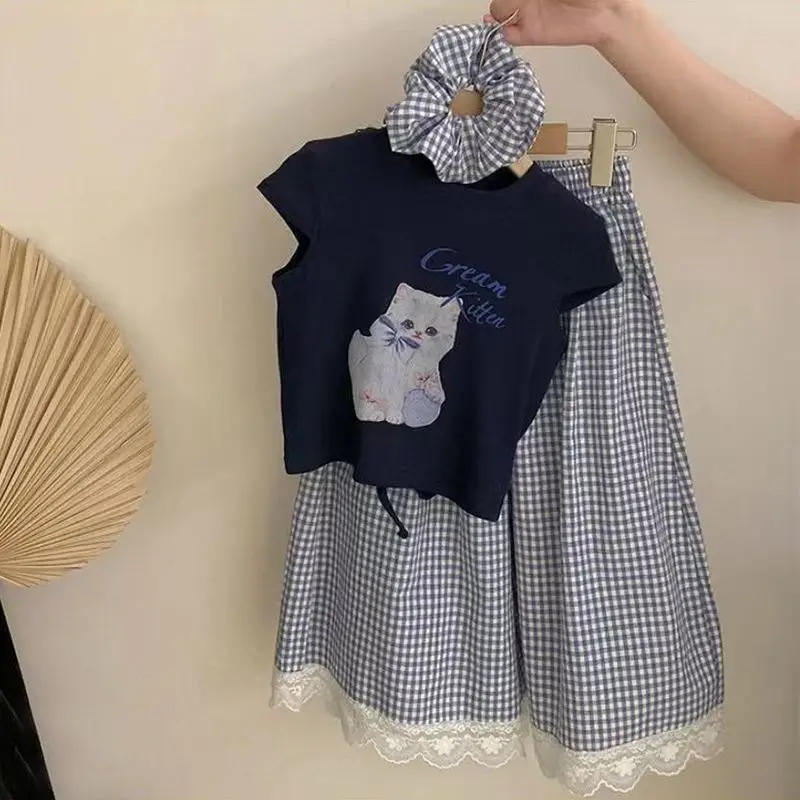 

Girls' Set Summer New Children's Printed Short sleeved T-shirt Lace Plaid Pants Two piece Set