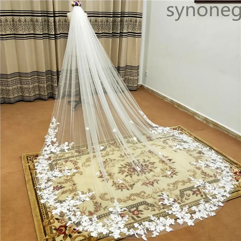 Voile de mariage à une couche avec peigne, voile de mariage cathédrale, appliques ivoire, bord en dentelle blanche, patients, photo réelle, 3m, 4m, 5m