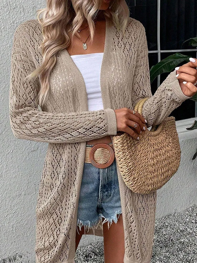 Fashionable and elegant hollow knitted sweater solid color V-neck perforated sweater women\'s top cardigan sweater