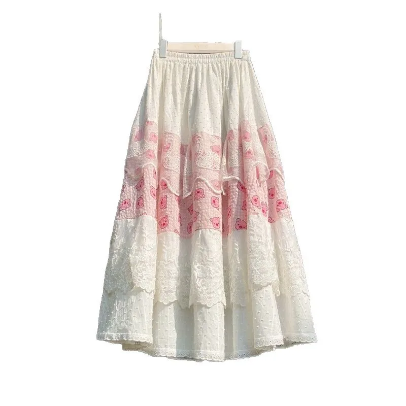 Mezza gonna da donna in stile country, giunture in pizzo primaverile, stile college, nuovo design estivo, gonna a trapezio retrò