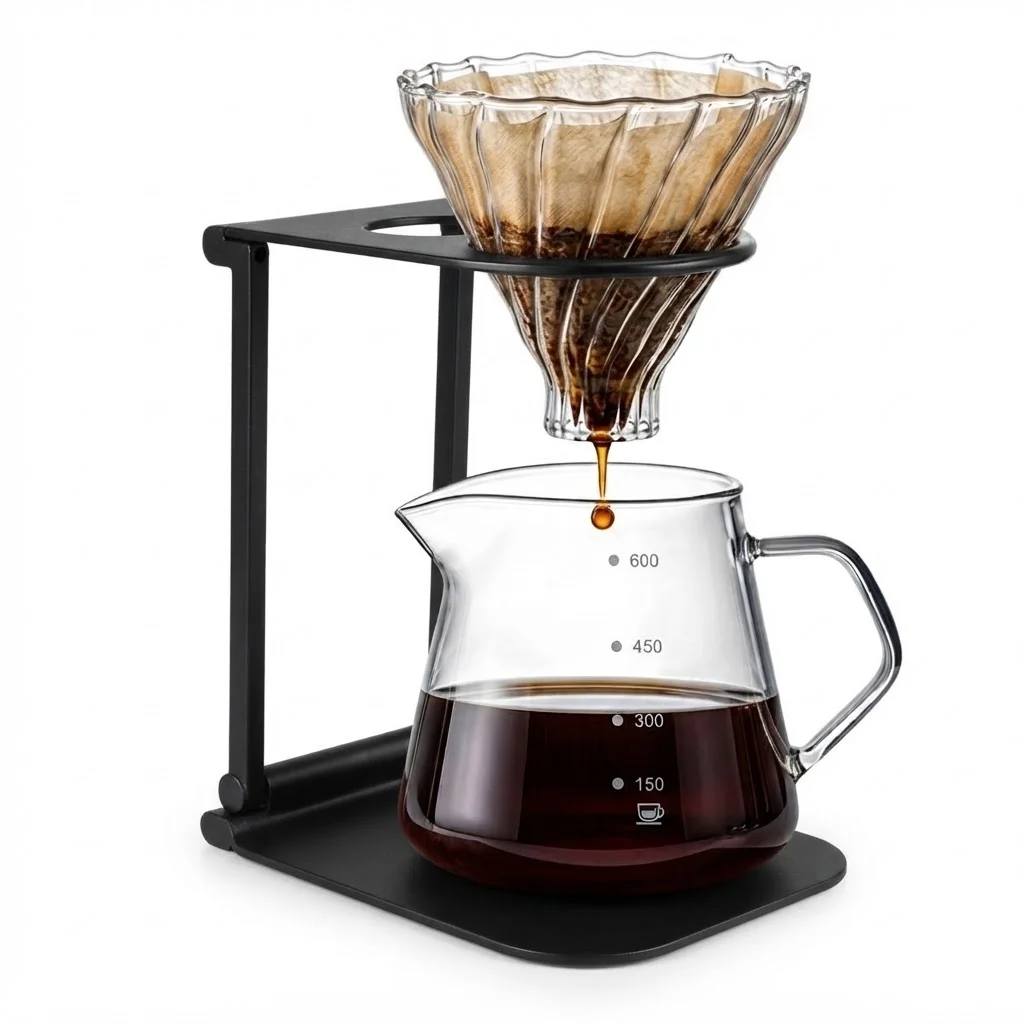 3pcs Pour Over Coffee Maker Set, 600ml/20oz Glass Coffee Server Carafe with Cone Dripper and Black Metal Stand