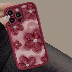 Moonlit Red Flower Printed Phone Case For iPhone 15 Pro Case iPhone 11 13 12 14 16 Pro Max XR XS X 7 8 Plus Shockproof Cover