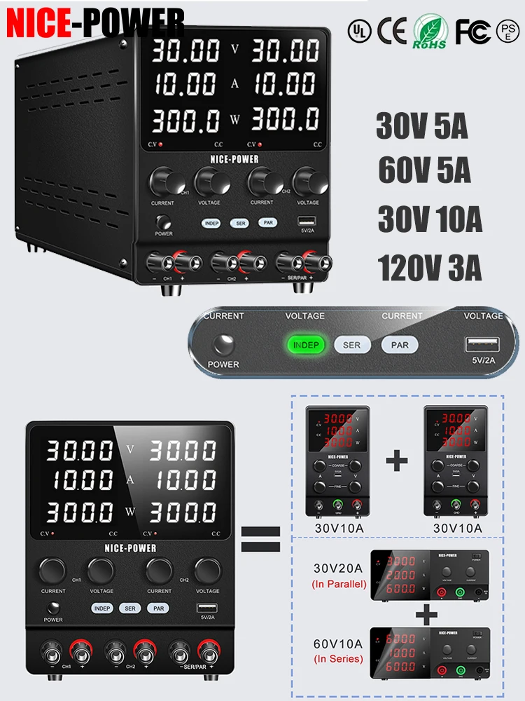 NICE-POWER SPS3010-2KD Einstellbares DC-Netzgerät 30V 10A 300W, Zweikanal Labor-Netzgerät, Tisch-Netzteil mit Reihen- und Parallelschaltung, 60V 10A/30V 20A USB-Ausgang