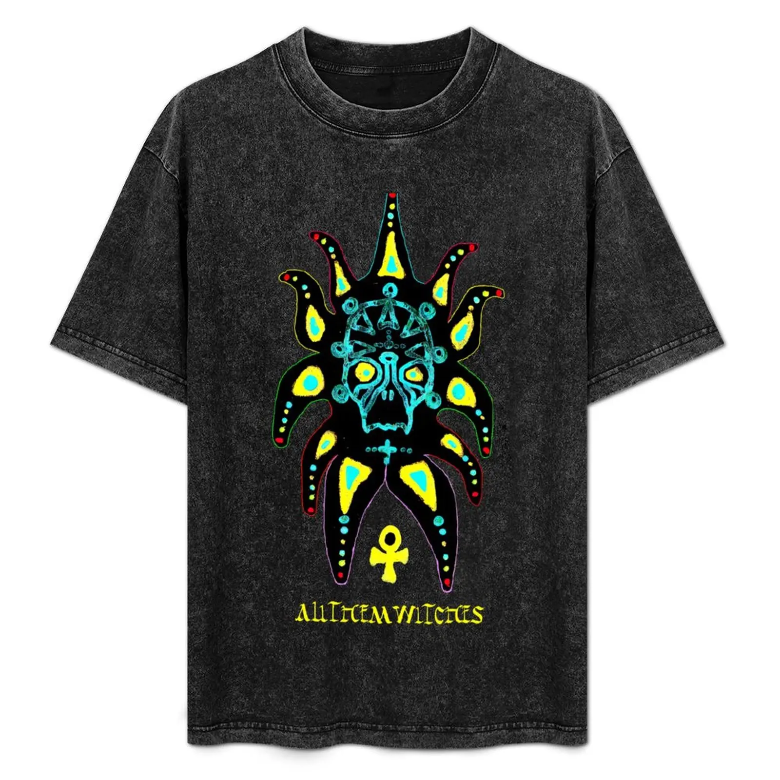 

Футболка с принтом All them witches ATW с красочным изображением черепа, простой графический дизайн.