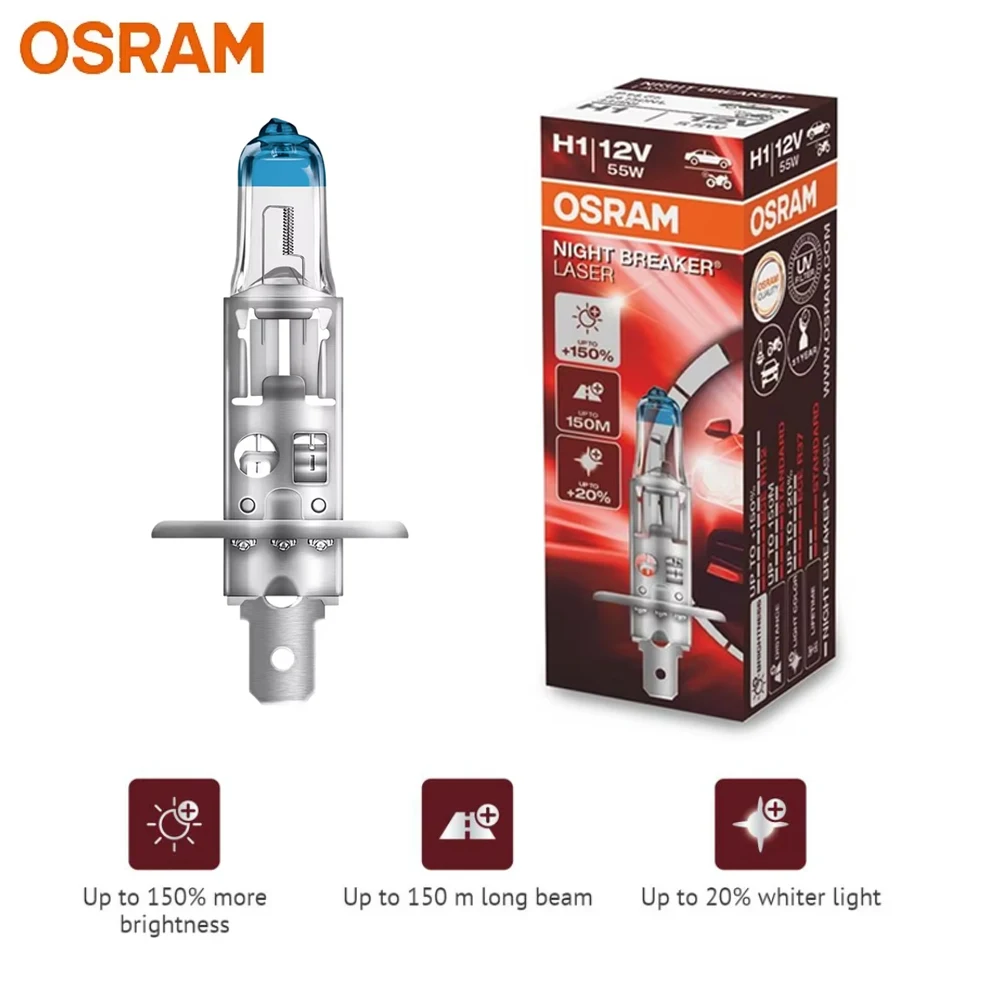 OSRAM Night Breaker Laser H1 Halogen Next Generation 12V 55W +150% Bright Powerful Light Auto Fog Bulb Germany 64150NL, 1x