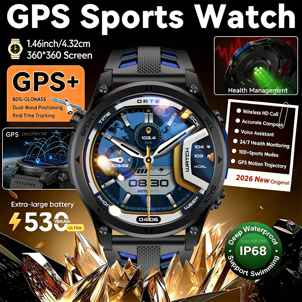 Gold Smartwatch with AMOLED Screen and Flashlight, Gift for Men