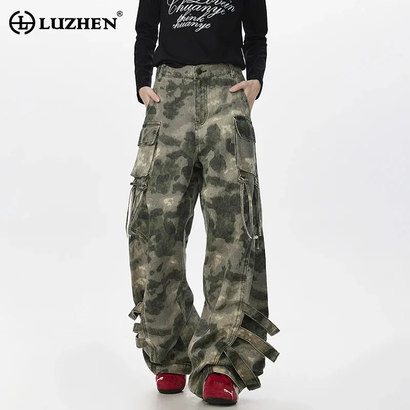 

LUZHEN 2025 новые оригинальные камуфляжные брюки с принтом и множеством карманов, прямые брюки-карго с лентой и кисточками, мужские модные брюки JY3959