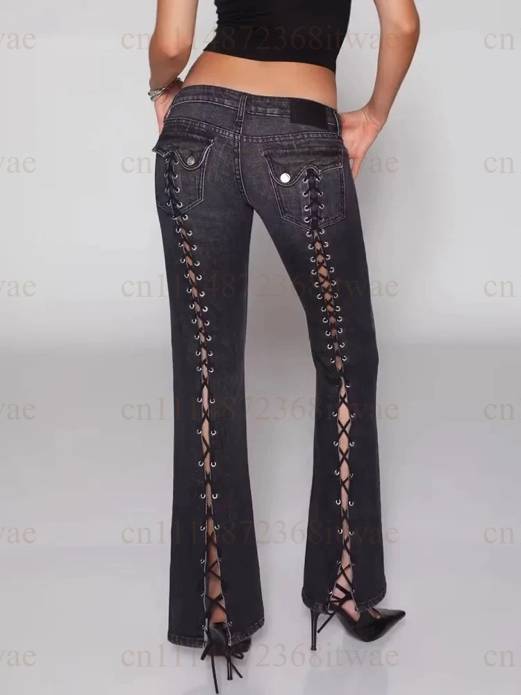 Gothic Low Waist Cross Lace Up Denim Flare Pants Side Cutout Design Vintage Black Slim Jeans Women Streetwear Long Bottoms