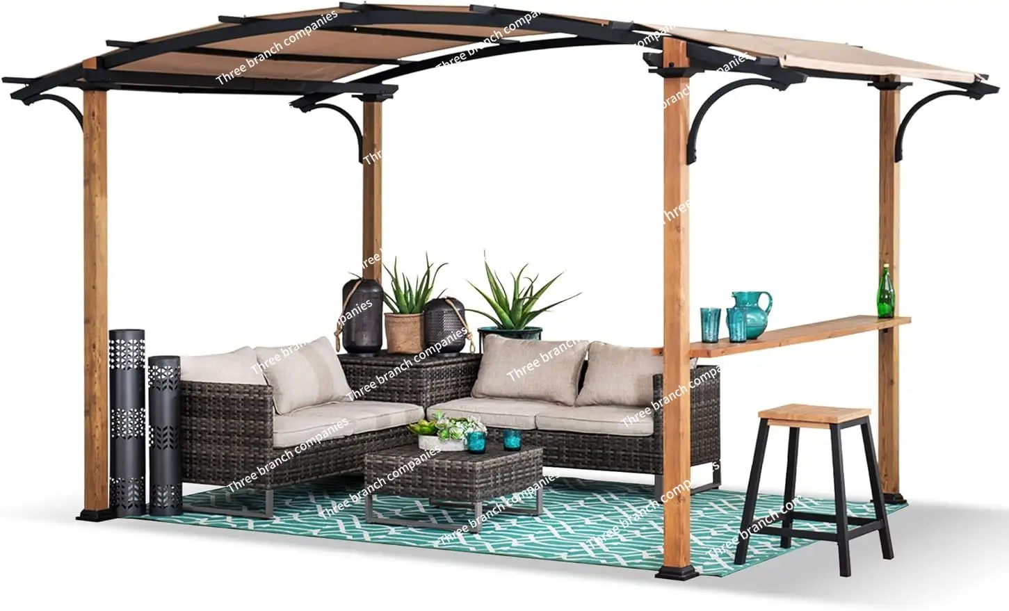 Sunjoy Outdoor Pergola 8.5 x 13 ft. Steel Arched Pergola with Tan Weather-Resistant Fabric Canopy for Patio, Backyard,