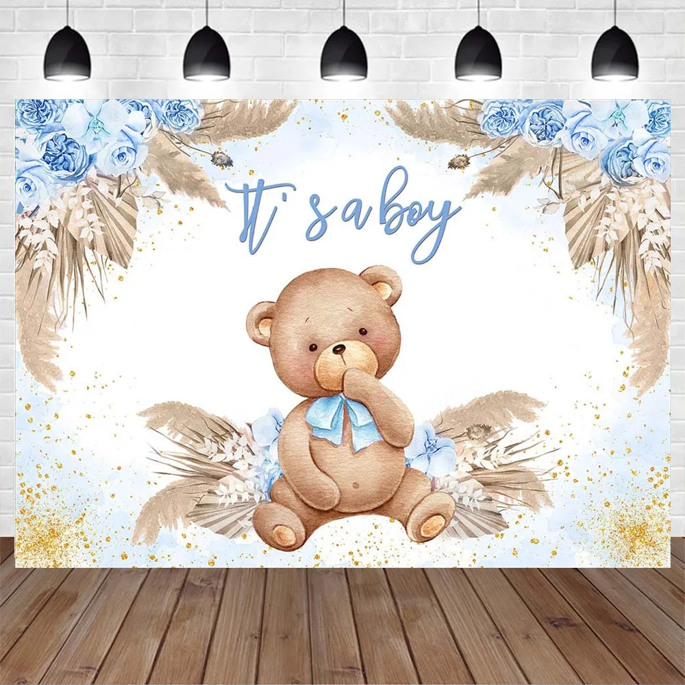 Mocsicka It's a Boy Baby Shower Backdrop Bear Blue Bohemian Flowers Pampas Grass Photography Background Photo Studio Props Decor