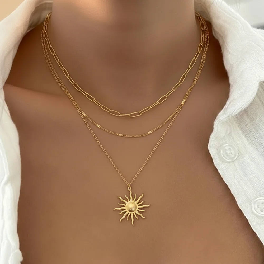 DOTIFI Stainless Steel Vintage Sun Pendant Three-Tier Necklace Women's Minimalist Fashion Collar Chain Jewellery Creative Gift