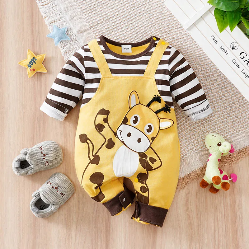Newborn Baby Romper 0-18 months Cotton comfort long sleeve Unisex Cute Cow Animal Striped strap print baby clothes Baby pajamas