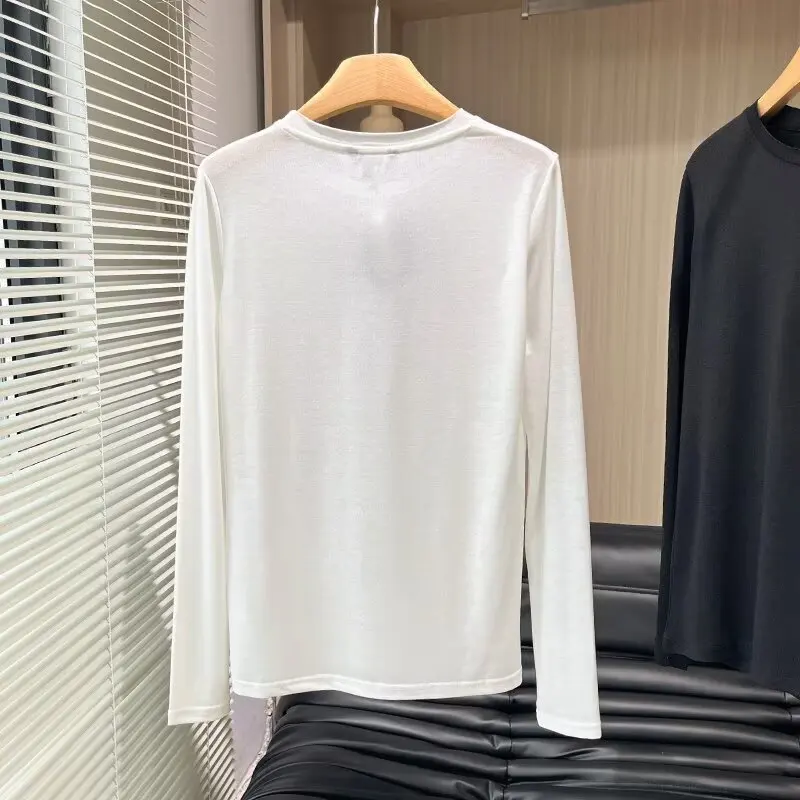 Maxdutti 2026 Spring Autumn Spring Woman Clothes Nordic Minimalist Cotton Round Neck Basic Long-sleeved T-shirt Women Tops