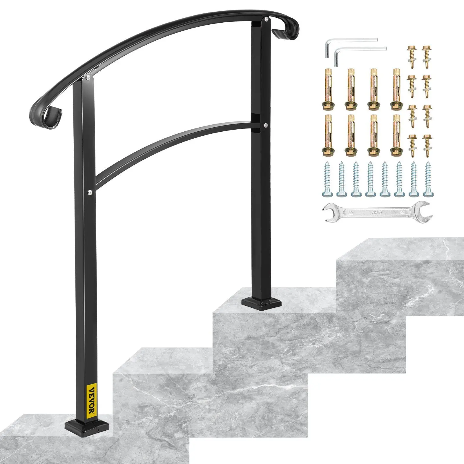 VEVOR 3-Step Transitional Handrail Fits 1 or 3 Steps Matte Stair Rail Wrought Iron Handrail with Installation Kit Hand Rails for