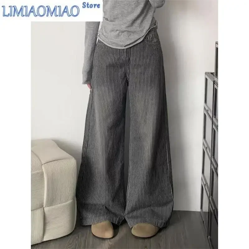 

Women's Black Gray Vertical Stripes Wide Legs Pants Cool Girl High Waist Streetwear Spring New Female Casual Straight Trousers