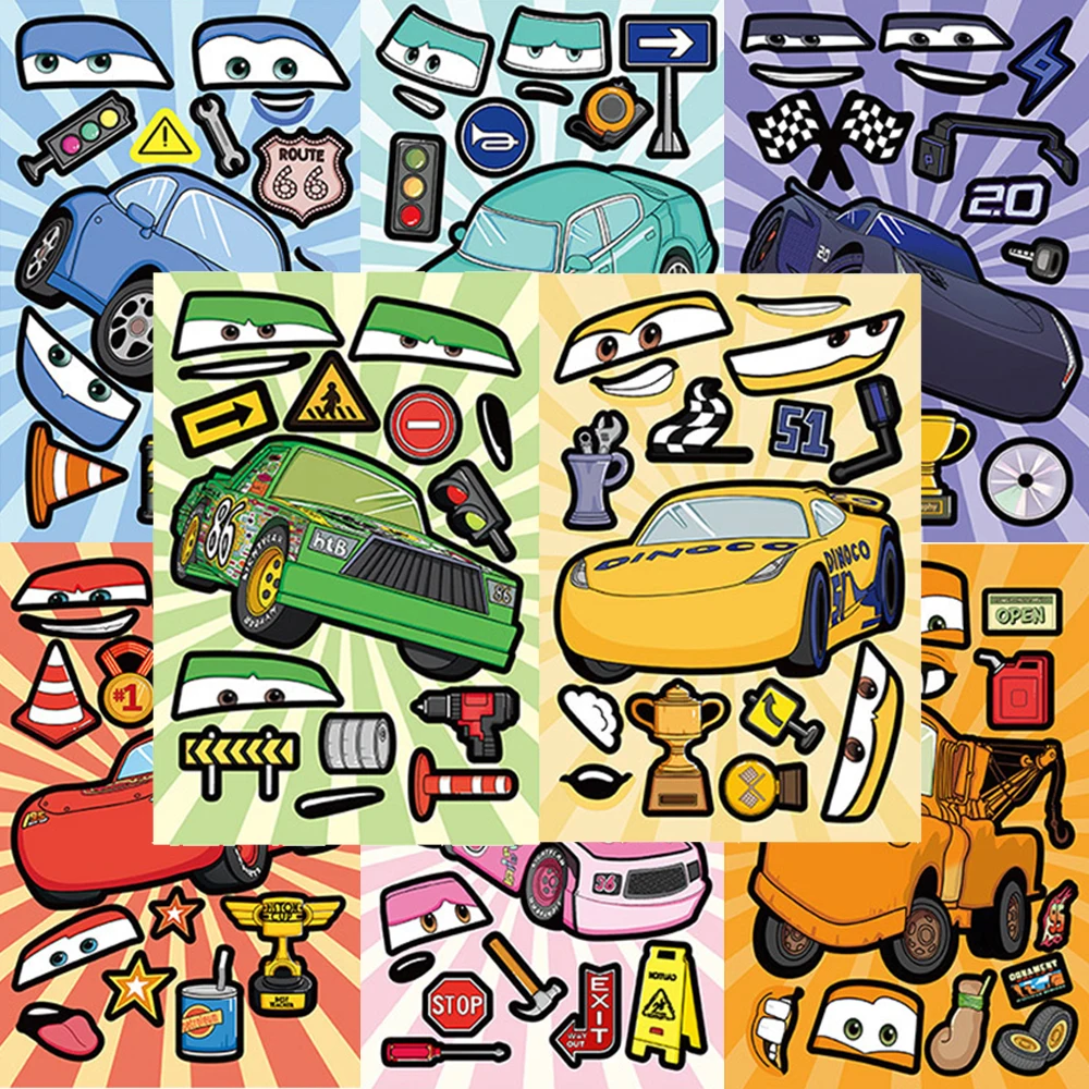 

8/16sheets Disney Cars Make a Face Puzzle Stickers Cool Make Your Own DIY Game Cartoon Assemble Jigsaw Toy Party Decoration Gift