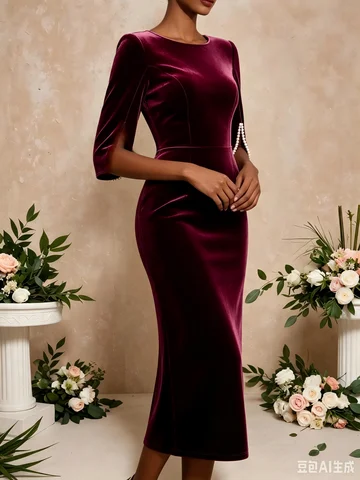 Women Burgundy Velvet Midi Dress Round Neck Pearl Split 3/4 Sleeve Bodycon Pencil Dress Elegant Wedding Guest Evening Party Formal Dresses