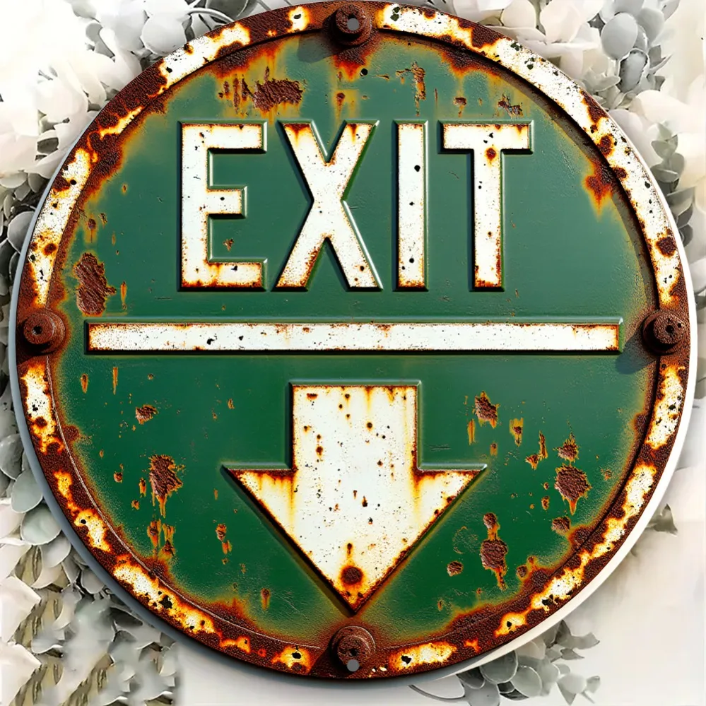 Industrial Rustic Vintage Exit Arrow 2D Flat High Definition Metal Wall Art Rusty Grunge Embossed Iron Painting Steampunk Wall D