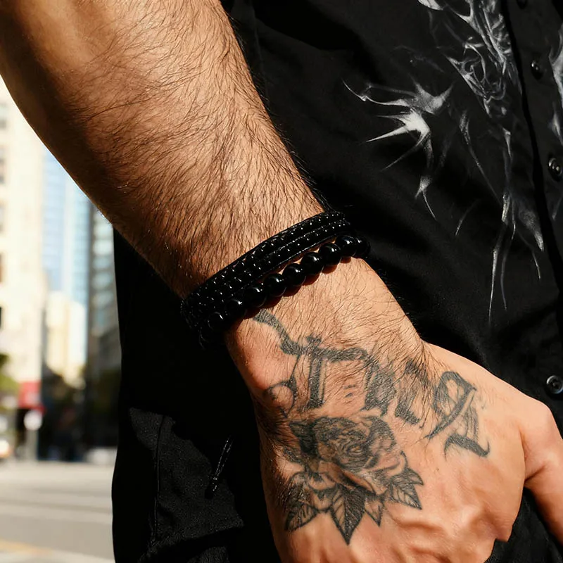 Unique 2Pcs/Set Obsidian Stone Beads Bracelet Man Apparel Accessories Handmade Braided Adjustable Beaded Braslet Homme Jewelry