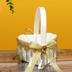 2pcs Heart Shaped Wedding Flower Girl Basket Gold Silver Tassels Western Rustic Lace Bowknot Wedding Candy Gift Bag Basket