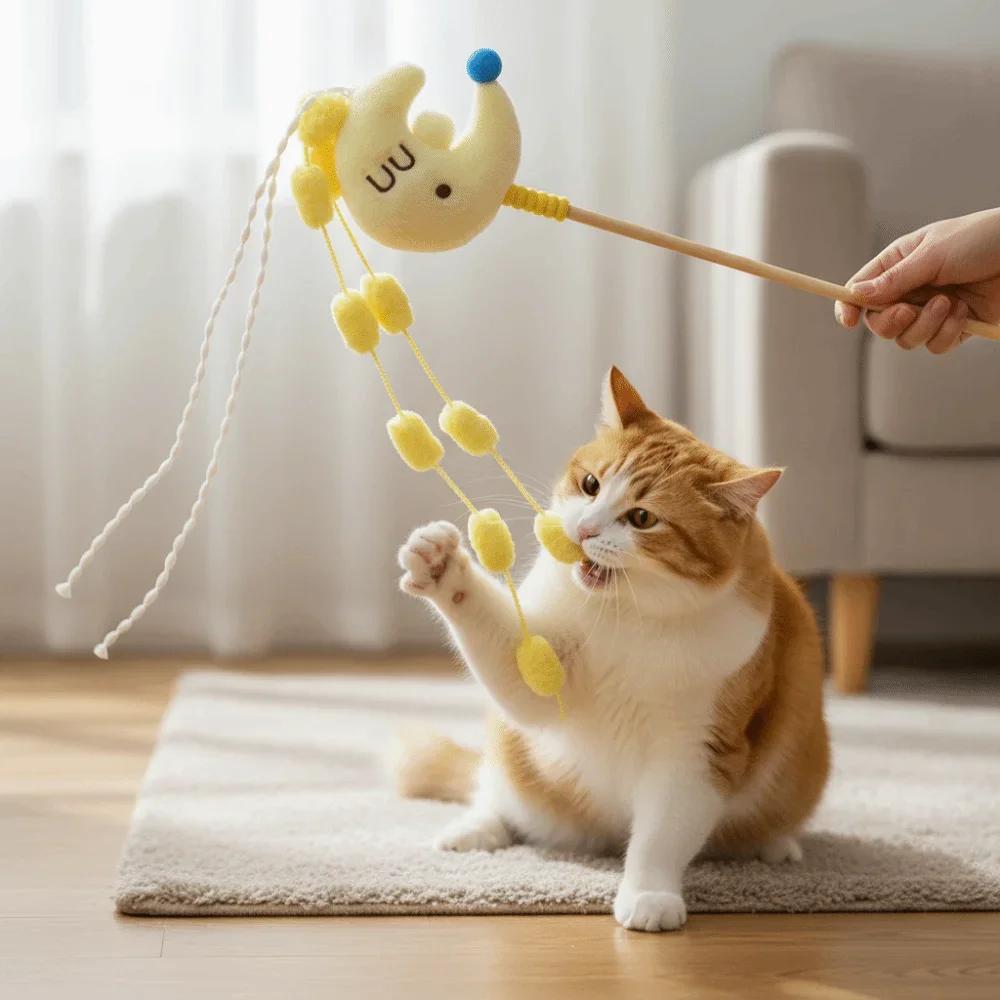 Varita de juguete para gatos con diseño de estrellas y lunas, mango largo, con borlas y sonido, para gatitos, para jugar en interiores