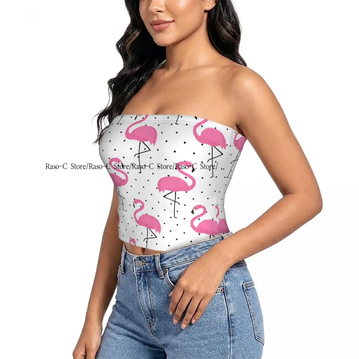 Camiseta de Mujer para Verano, sin Tirantes, sin Espalda, con Estampado de Flamencos Rosados sobre Lunares, Chaleco sin Mangas