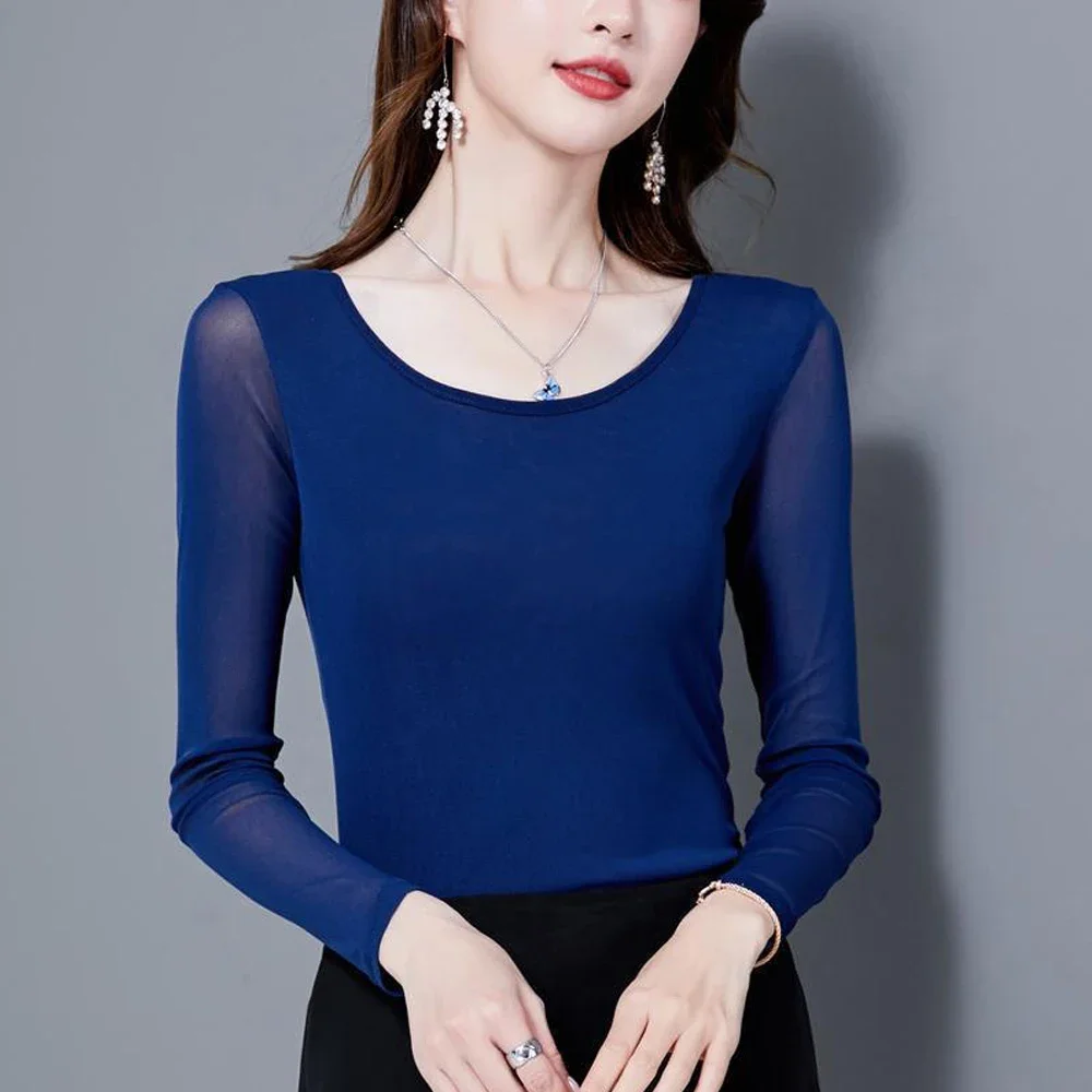 Women Stretch Mesh T Shirt S-4XL Ladies O-neck Full Sleeve Shirt Female Bottoming Blouses Green Blue Purple Red Rose Sexy Tops