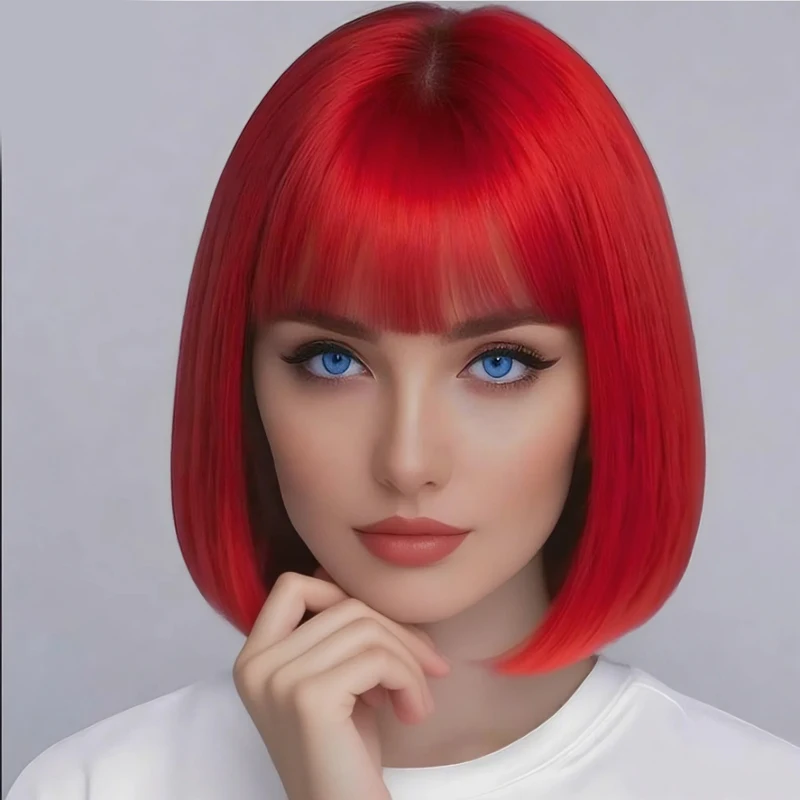 Women's 12 Inch Red Synthetic Wig with Bangs