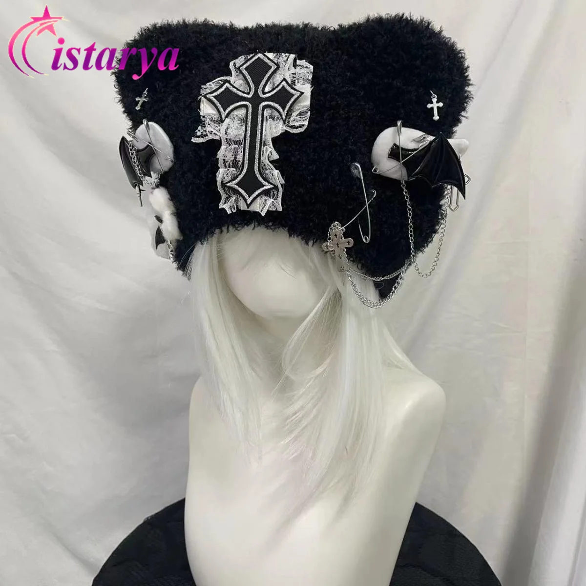 Women Harajuku Gothic Lolita Knitwear Hat Punk Y2K Lace Cross Bone Knitted Beanie Hats Chic Streetwear Grunge Winter Warm Caps