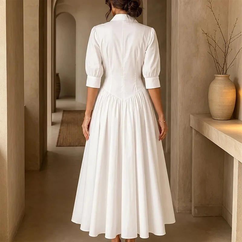 BKLD Women's Cotton Linen Blended Single-breasted High Waist Solid Color Turn-down Collar Elegant Fashion Pleated Pocket Dresses