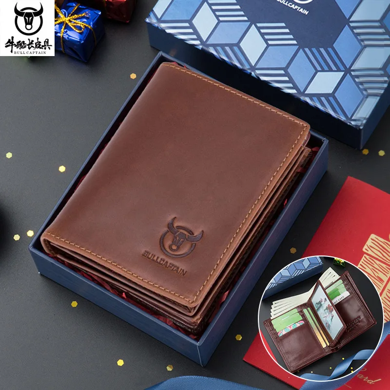 Male short vertical anti theft brush money bag real leather multi card photo album plus thick money clip with gift box