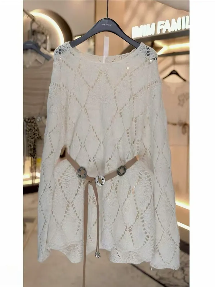 

Fashionable Hollow out Knitwear Women's Trendy Overhead Top Casual Loose Fit Bright Thread Short Sleeve round Neck Pullover