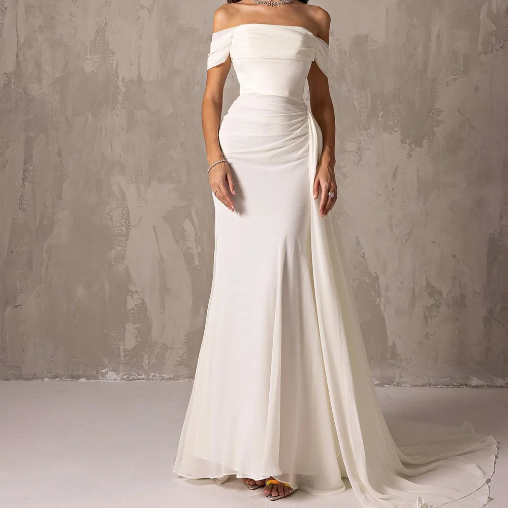 

Exquisite Panel Train Off the Shoulder Short Sleeves Evening Dresses Graceful Mermaid White Zipper Back Party Gowns فساتين سهرة