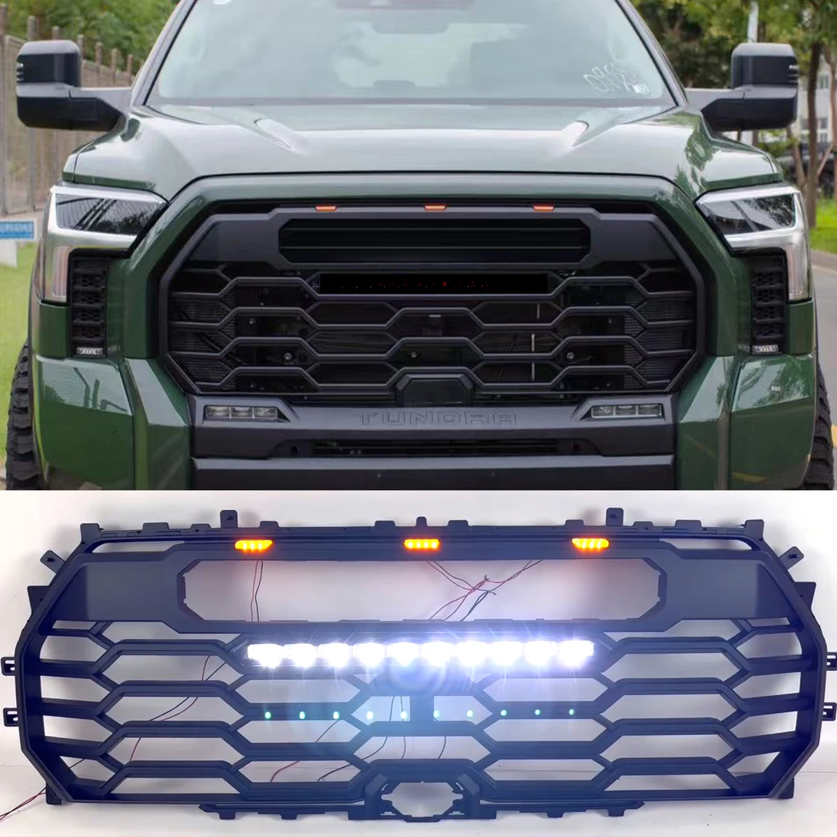 

Front Grille With Light Bar Matte Black Racing grill Fits For 2022-2023 Toyota Tundra Grill