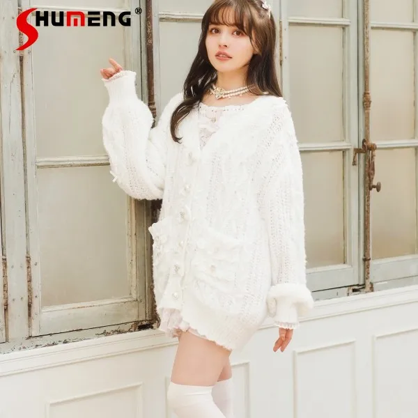 

2026 Spring New Liz Knitted Cardigan Japanese Style Sweet Cute V-neck Lace Bow Single-breasted Loose Women's Cardigans Jackets