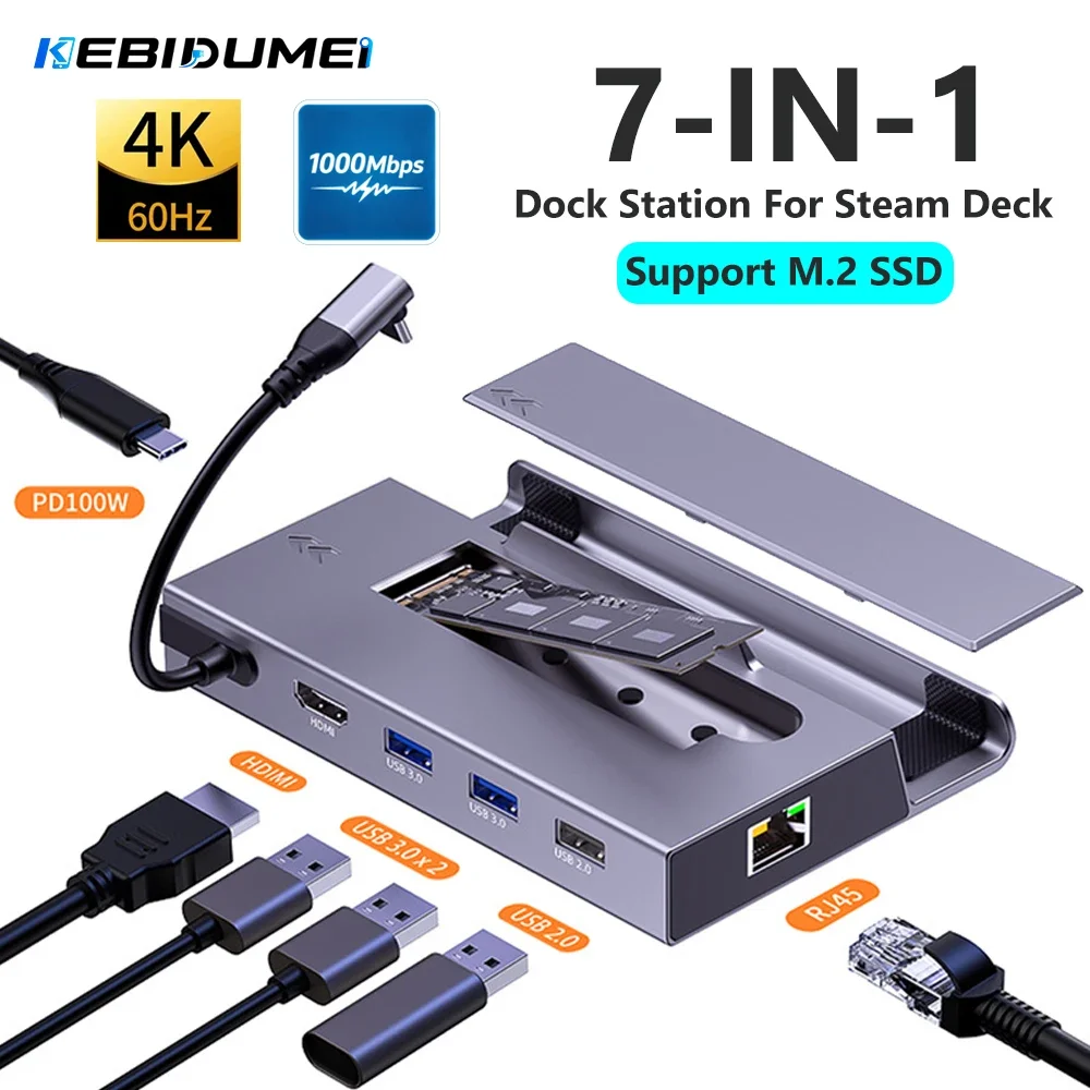 KEBIDUMEI USB C Docking Station for Steam Deck Nintend M.2 SSD 7 In1 HUB Type-C to RJ45 Gigabit Ethernet 4K@60Hz PD 100W Holder