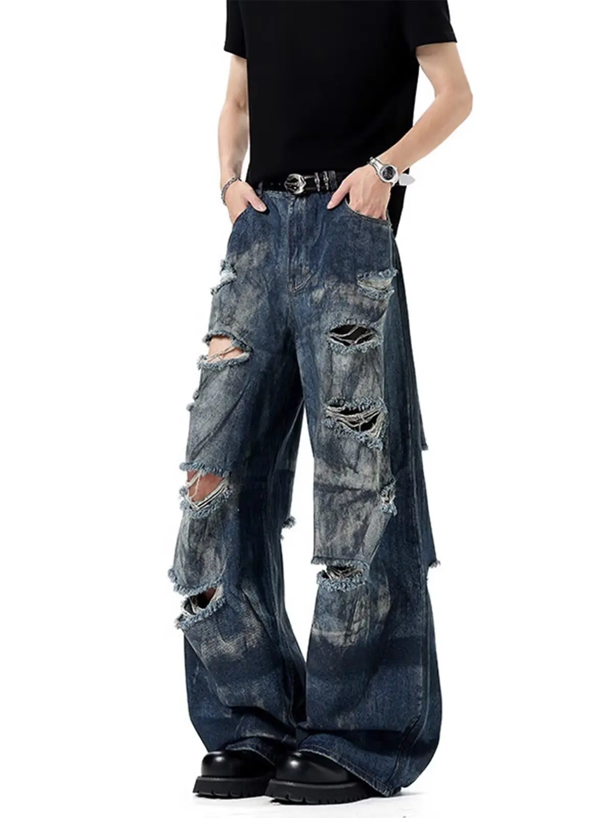 

American Vintage Hole Washed Blue Jeans Men's 2025 New Loose Causal Elastic Waist Dirty Print Dye Denim Long Pants